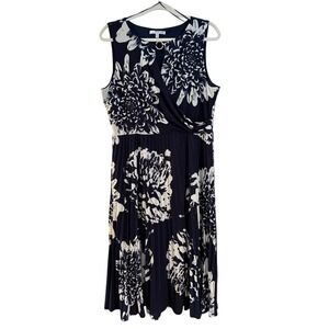 Studio One New York Navy Floral Print Pleated Midi‎ Dress Women's Plus XL